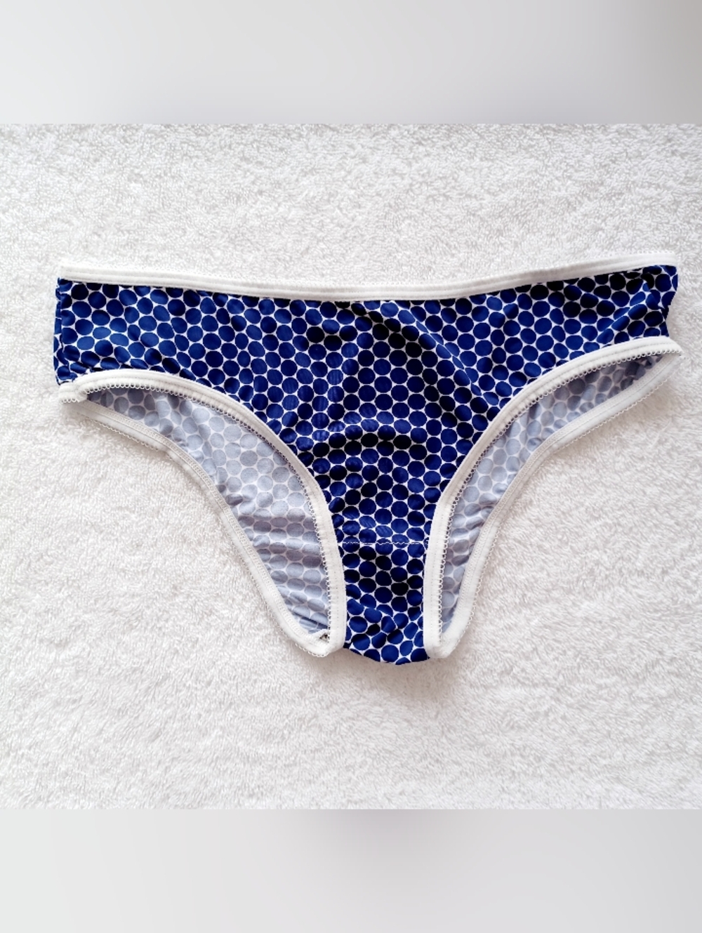 Blue Polka Dot Cheeky Panties with White Trim, Size S